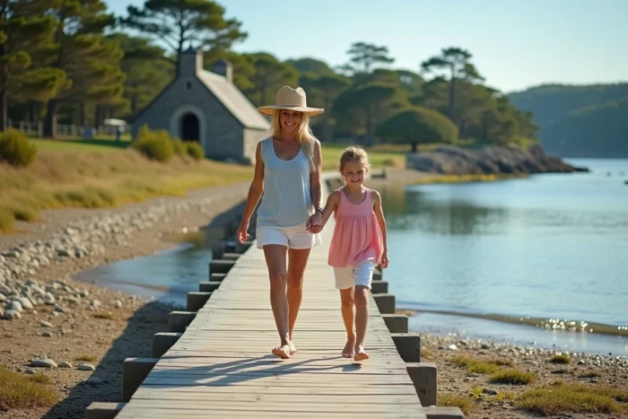 Grand-mère et adolescent marchant sur la passerelle en bois de la plage de Conleau vers le golfe du Morbihan