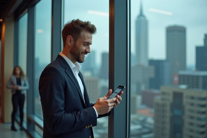 Homme d'affaires consultant l'actualité web sur son smartphone dans un espace de coworking avec vue sur la ville