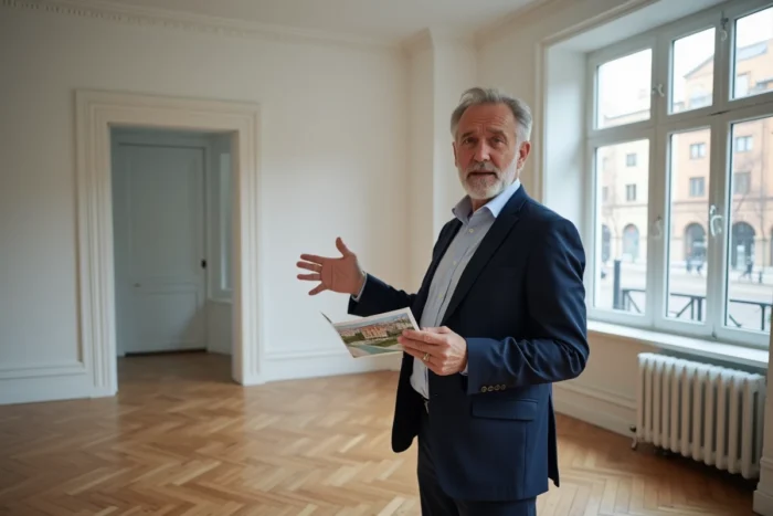 Agent immobilier présentant un appartement vide à vendre, tenant une brochure dans un salon avec parquet et grandes fenêtres urbaines