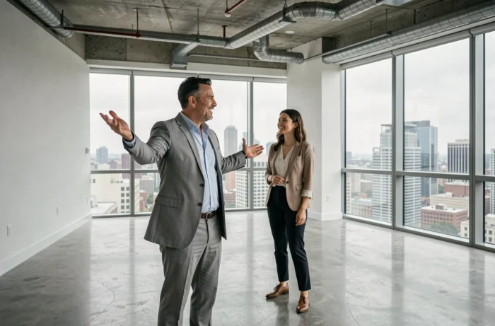 Agent immobilier présentant un appartement moderne avec vue urbaine à des acheteurs potentiels