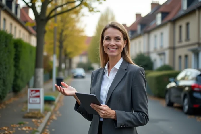 Agente immobilière professionnelle devant une maison à vendre dans un quartier résidentiel calme