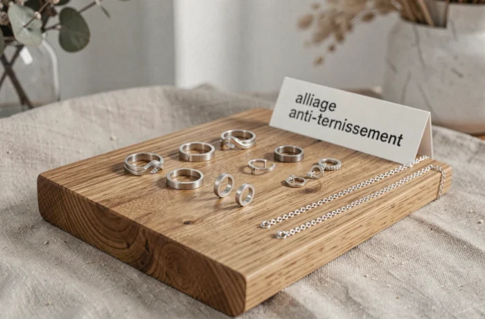 Bijoux en alliage d'argent anti-ternissement exposés sur une surface en chêne naturel, restés brillants sans entretien intensif