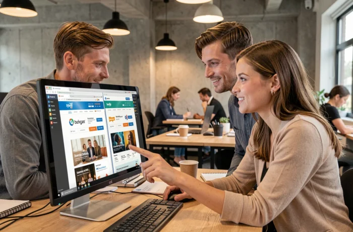 Deux collègues comparant les meilleures alternatives à Wawacity sur un ordinateur dans un espace de coworking