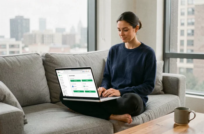 Femme utilisant son ordinateur portable pour chercher des sites alternatifs à Wawacity depuis son salon