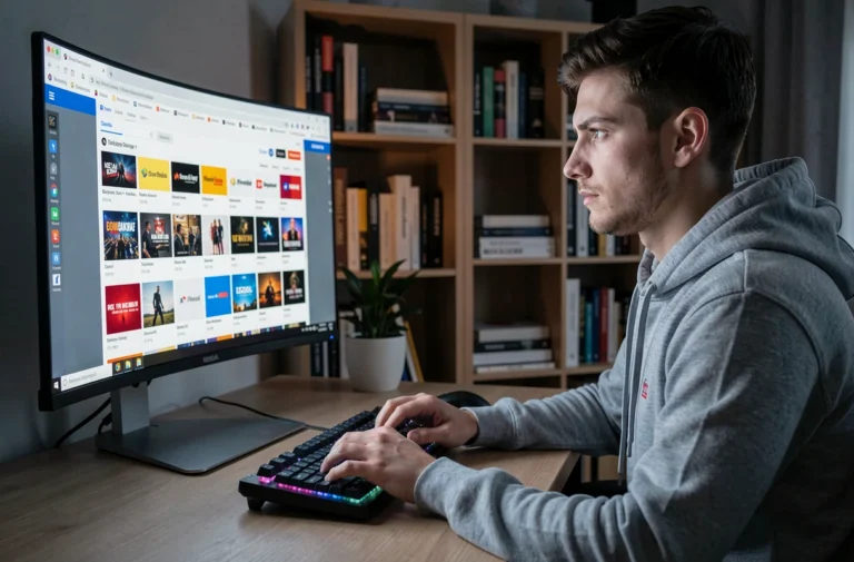 Jeune homme naviguant sur des alternatives à Wawacity pour télécharger des fichiers en 2026