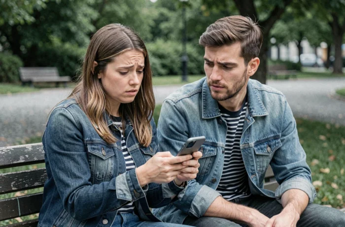 Deux amis analysant ensemble la signification d'un message 'salut toi' dans un parc