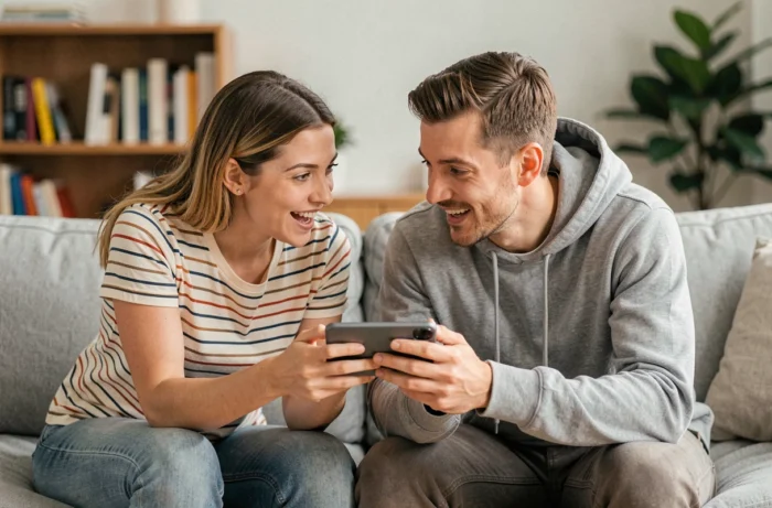 Deux amis cherchant ensemble la solution d'un mot de 9 lettres au jeu 4 Images 1 Mot