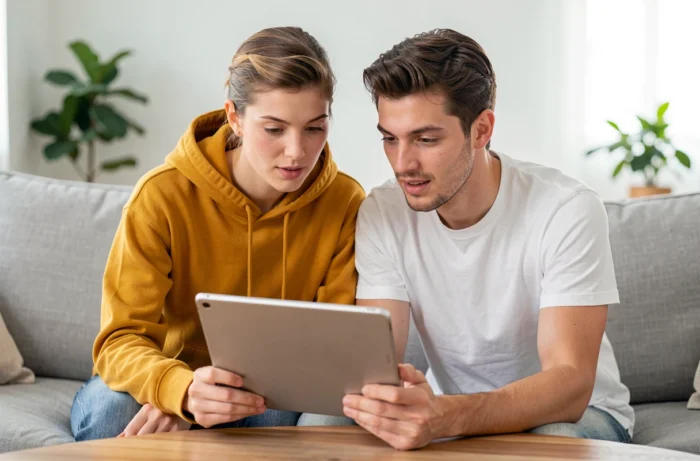 Deux amis cherchant ensemble sur une tablette comment accéder à un site de streaming après un changement d'adresse