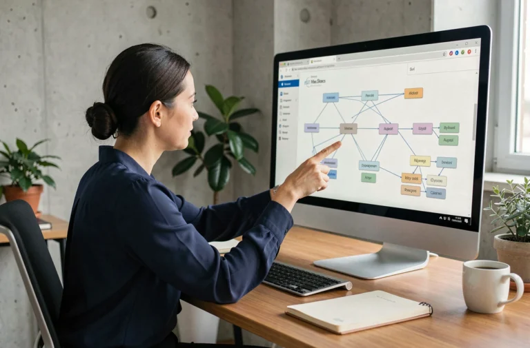 Développeuse web analysant l'architecture d'un sitemap sur un écran d'ordinateur dans un bureau moderne