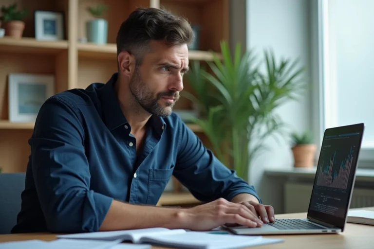 Homme analysant des avis financiers en ligne sur un ordinateur portable dans un bureau moderne, expression préoccupée face aux risques d'investissement