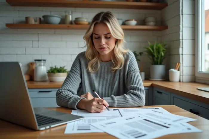 Femme analysant des documents de revente immobilière à sa table de cuisine, entourée de papiers et d'un ordinateur portable