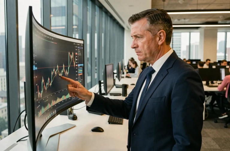 Analyste financier examinant des graphiques boursiers sur un grand écran incurvé dans un bureau moderne en open space