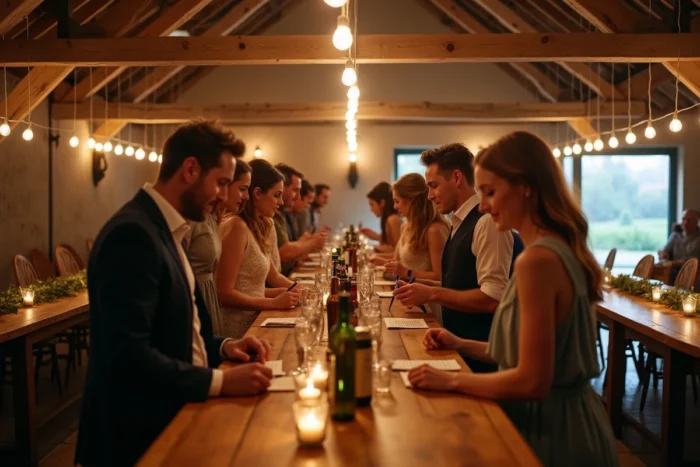 Invités d'un mariage participant à une animation bar à cocktails personnalisés dans une grange décorée avec des poutres en bois