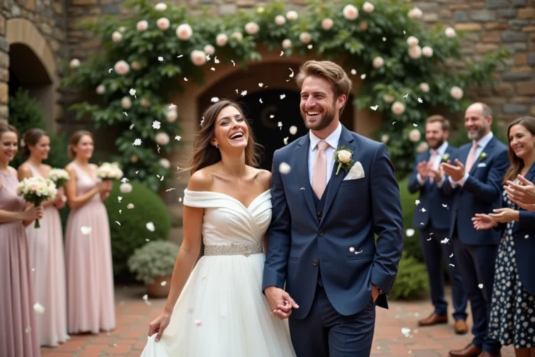Couple de mariés riant sous une pluie de confettis colorés lors d'une animation originale en plein air pendant leur mariage