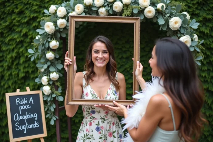 Invitées d'un mariage s'amusant dans un photobooth fleuri avec des accessoires originaux lors d'une animation de réception