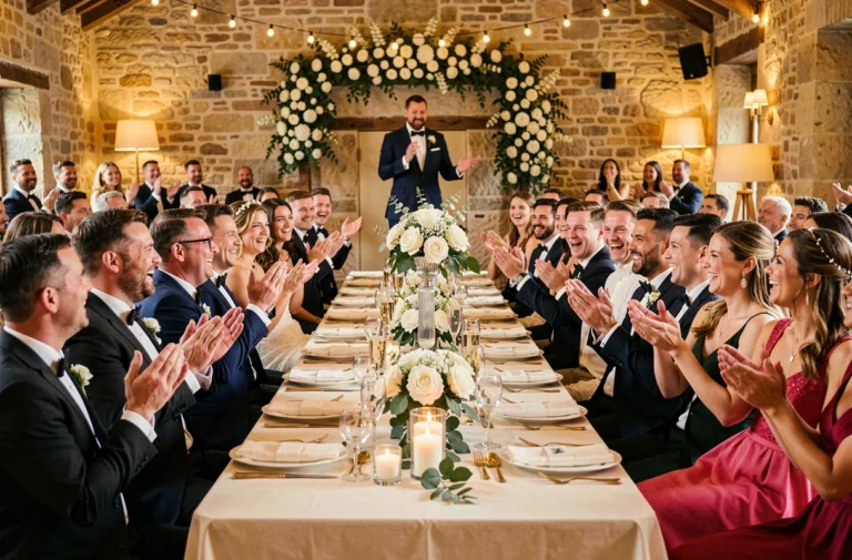 Animation de repas de mariage dans un château rustique avec MC engageant les invités autour de tables décorées