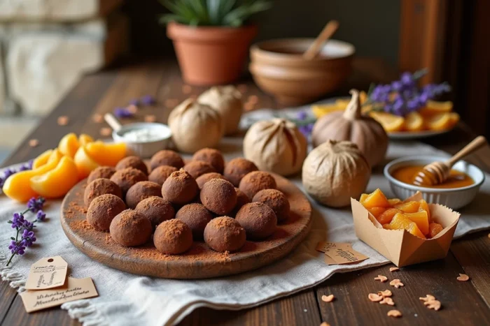 Assortiment de gourmandises artisanales disposées en flat-lay sur une table en bois rustique avec lavande séchée