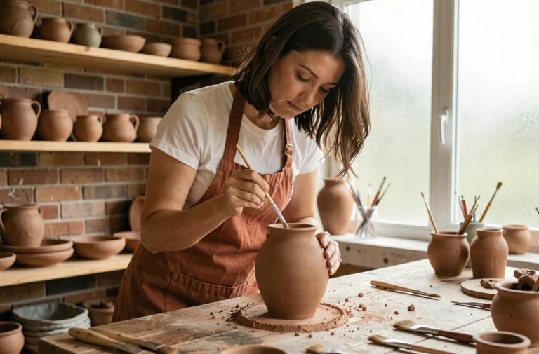 Femme en train de peindre un vase en céramique dans un atelier d'art créatif, loisir tendance pour occuper son temps libre