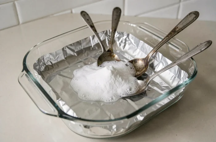 Bain électrolytique avec papier aluminium et bicarbonate de soude pour nettoyer des cuillères en argent noircies