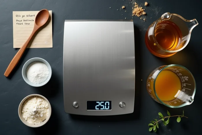 Vue de dessus d'une balance affichant 250 g à côté d'un verre doseur gradué en millilitres sur une surface en ardoise sombre
