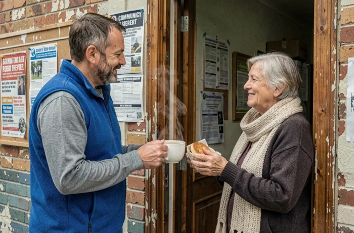Bénévole remettant un repas chaud à une femme vulnérable devant l'entrée d'un refuge communautaire, symbolisant l'entraide et l'accompagnement social