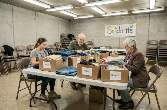 Groupe de bénévoles triant des vêtements donnés dans un centre communautaire solidaire pour venir en aide aux personnes sans-abri et vulnérables