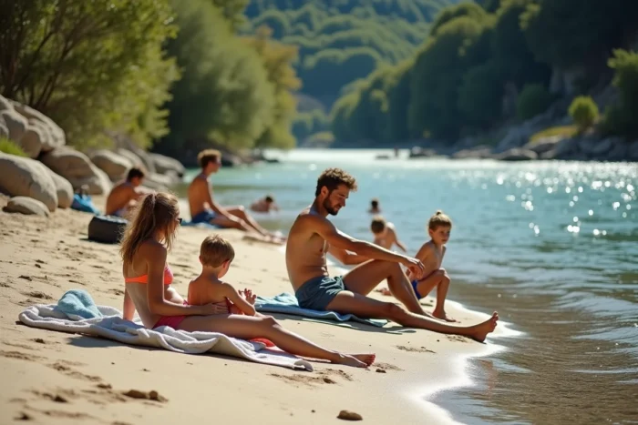 Famille se reposant sur les berges du Gardon près de Collias avec eaux claires visibles en arrière-plan