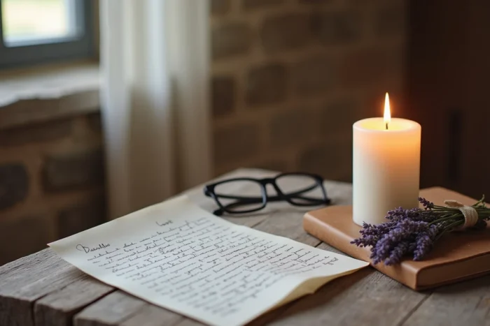 Bougie blanche et lettre manuscrite sur une table en bois rustique, nature morte évoquant le souvenir et la paix éternelle