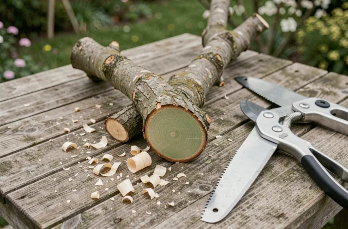 Nahaufnahme von geschnittenen Ästen des Platanen-Mulberry mit einer Gartenschere und einer Baumsäge auf einem Holztisch