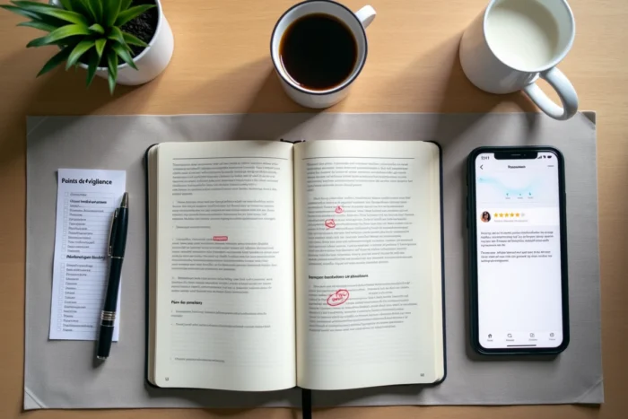 Vue aérienne d'un bureau avec smartphone affichant des avis négatifs, notes manuscrites et checklist de vigilance pour éviter les arnaques en investissement