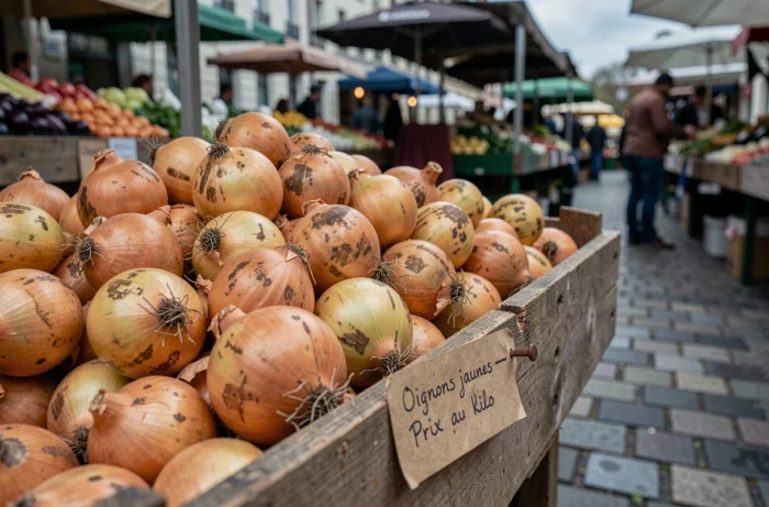 Holzkiste, die überquillt mit gelben Zwiebeln unterschiedlicher Größe, mit Preisschild auf einem Straßenmarkt