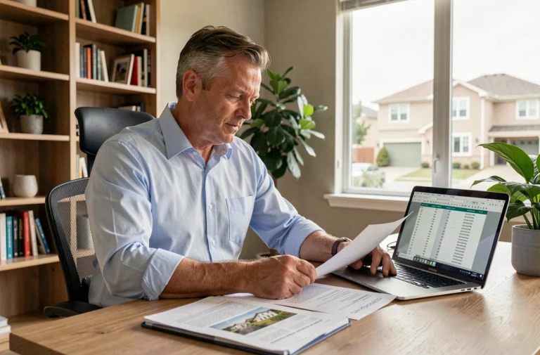 Propriétaire analysant des documents de plus-value immobilière sur un bureau moderne à domicile