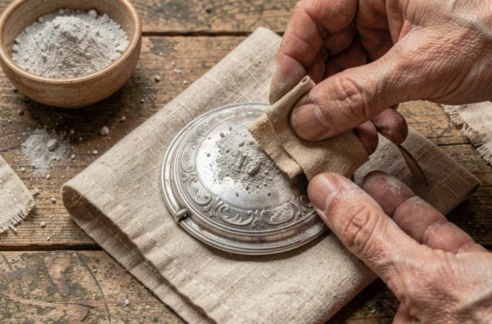 Application de cendre de bois tamisée sur une broche ancienne en argent selon une technique patrimoniale traditionnelle