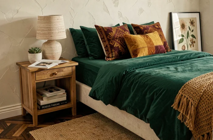 Chambre bohème avec literie vert émeraude et coussins géométriques ocre et bordeaux, table de nuit en bois avec lampe en travertin et plante succulente