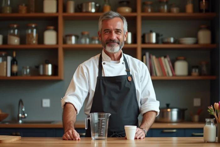 Chef cuisinier comparant une bouteille d'un quart de litre et un verre doseur en centilitres dans une cuisine professionnelle