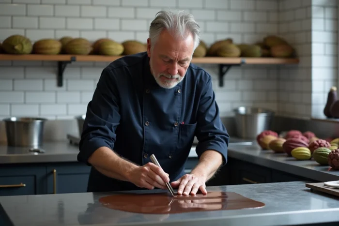 Chocolatier artisan étalant du chocolat tempéré dans un atelier professionnel avec des moules et des fèves de cacao