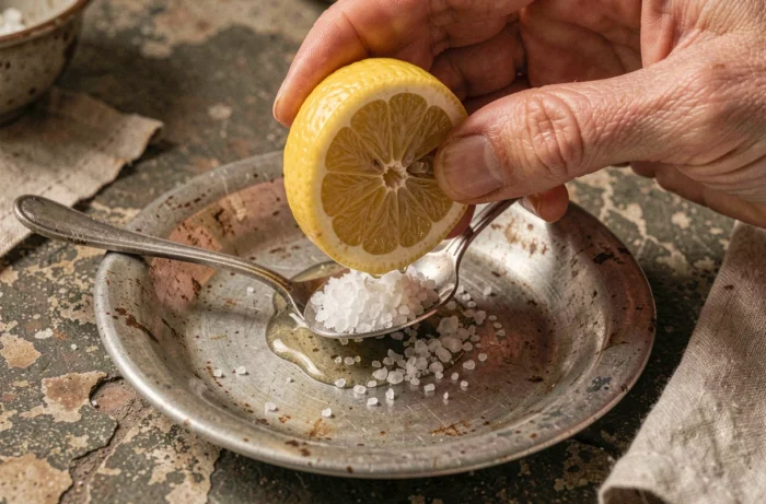 Jus de citron pressé et sel fin appliqués sur une cuillère en argent massive pour enlever le noircissement
