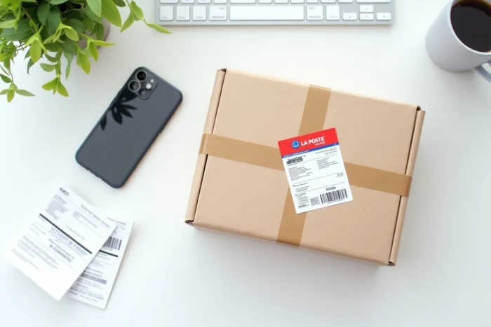 Vue de dessus d'un colis retour La Poste avec étiquette Colissimo et bordereau d'envoi