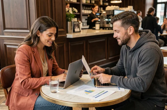 Deux professionnels analysant ensemble des rapports d'automatisation et de revenus dans un café élégant, illustrant la collaboration autour de stratégies de revenus passifs