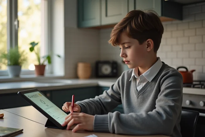 Collégien utilisant une tablette pour se connecter à Pronote depuis son domicile