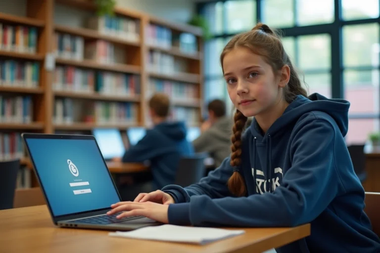 Collégienne connectée à Pronote sur un ordinateur portable dans la bibliothèque de son collège