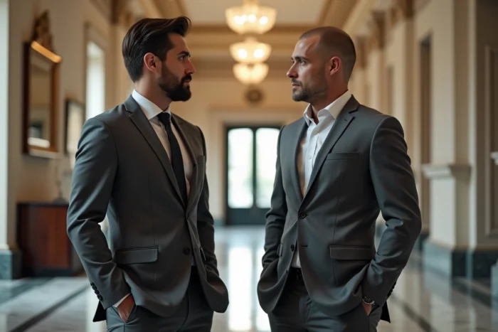 Comparaison de taille entre deux hommes en costume dans un couloir institutionnel, évoquant le débat sur la stature physique des personnalités politiques françaises