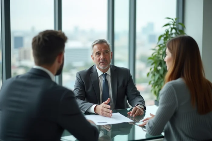 Conseiller en assurance expliquant une offre à un jeune couple dans un bureau moderne avec vue sur la ville