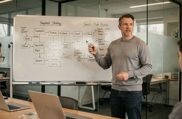 Consultant en référencement digital présentant une stratégie SEO sur tableau blanc lors d'une réunion d'équipe