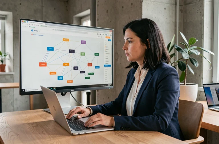 Consultante SEO analysant la structure d'un sitemap sur un écran d'ordinateur dans un bureau moderne à Bruxelles