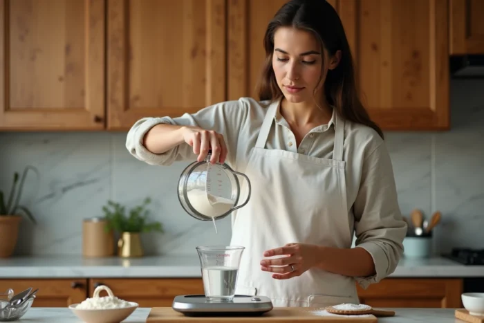 Femme en tablier blanc convertissant 250 g en ml avec une balance de cuisine et un verre doseur sur un plan de travail en marbre