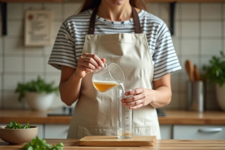 Femme versant un quart de litre de liquide dans un verre gradué dans une cuisine maison pour mesurer des centilitres
