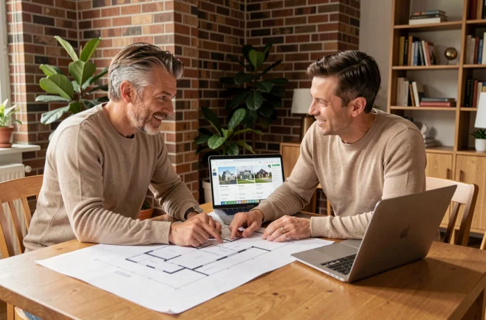 Couple analysant des plans immobiliers et des annonces sur ordinateur pour un investissement locatif