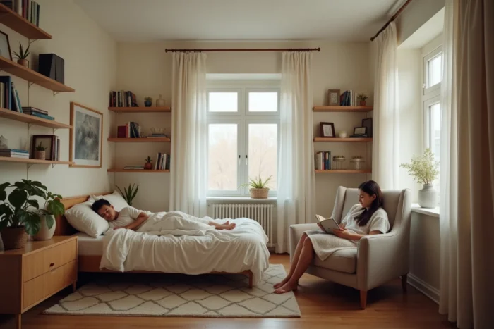 Couple dans une chambre avec un lit face à un fauteuil illustrant les habitudes de sommeil