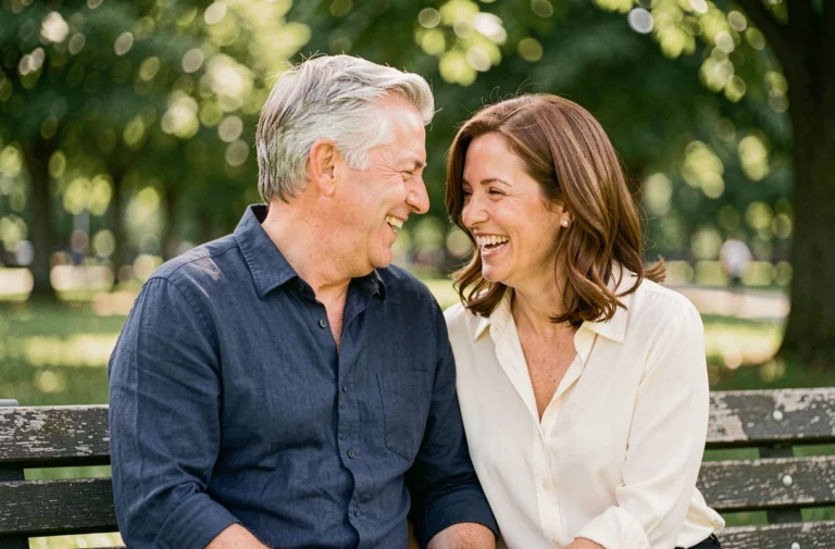 Couple complice assis sur un banc de parc, partageant un moment de rire et de tendresse en plein air